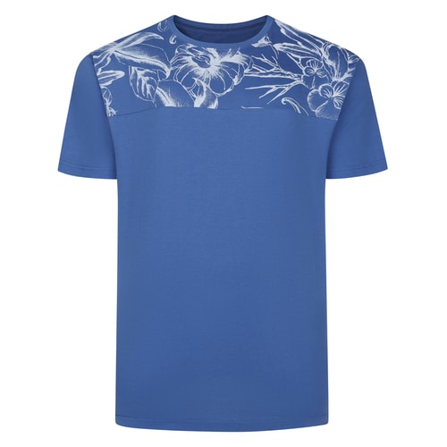 Blue crew neck T-shirt with white floral print yoke, front view.
